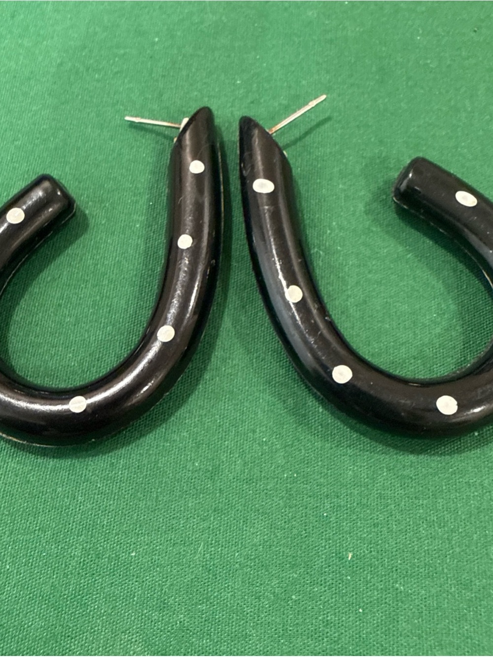 Black Horseshoe Hoop Earrings with Silver Dots  117B